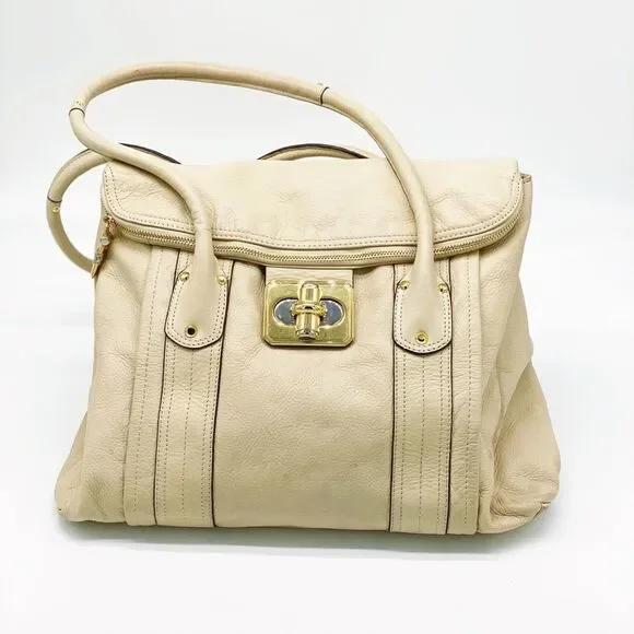 B. Makowsky Oversized Cream Leather Tote Bag Gold Hardware Large Shoulder Purse